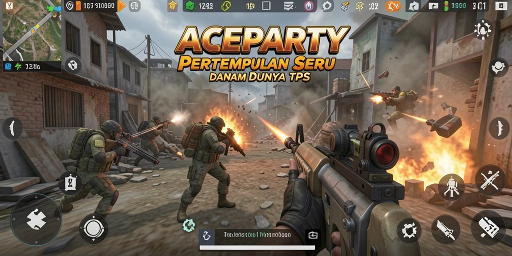 Screenshot dari gameplay seru ACEPARTY dengan aksi pertempuran TPS yang intens.