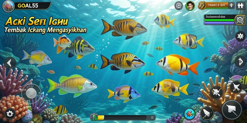 Screenshot menunjukkan aksi seru dalam membidik ikan di GOAL55.