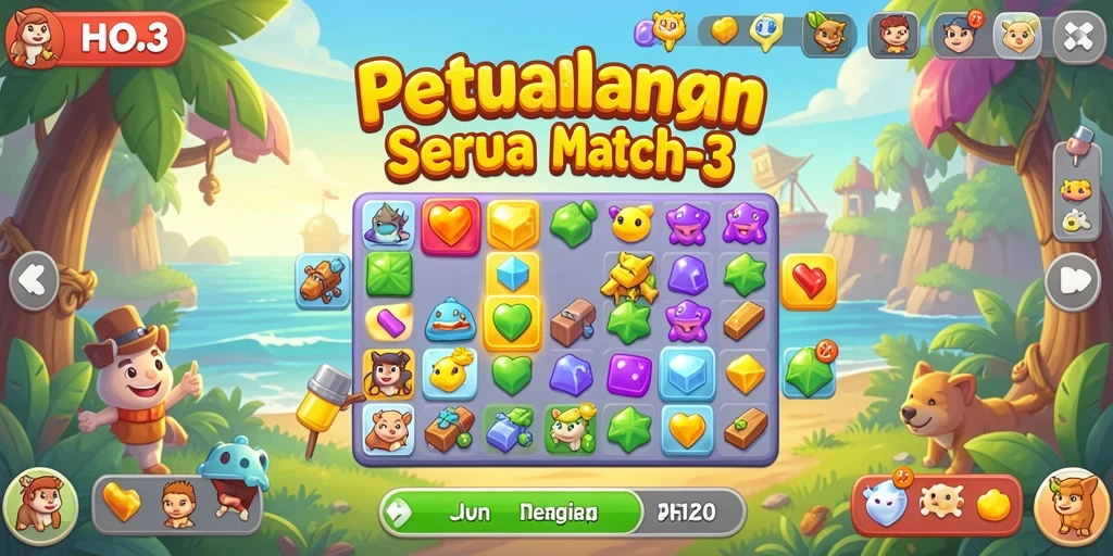 Tampilan permainan HO3 yang penuh warna dalam aksi Match-3.
