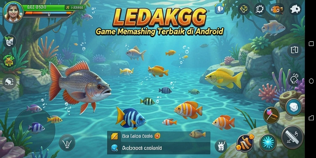 Tampilan gameplay seru dalam LEDAKGG dengan ikan dan alat pancing.