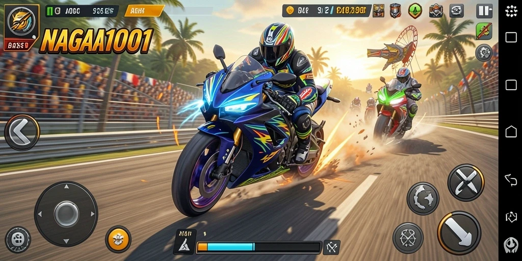Tampilan gameplay NAGA1001 yang mendebarkan dan penuh aksi balapan motor.