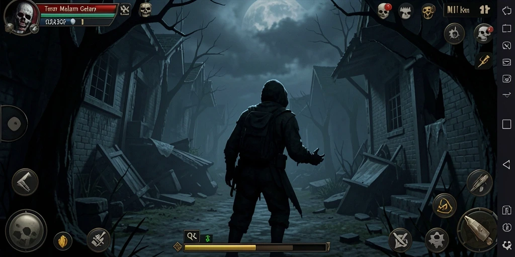 Screenshot gameplay QQRP menampilkan suasana yang menyeramkan dan menegangkan.
