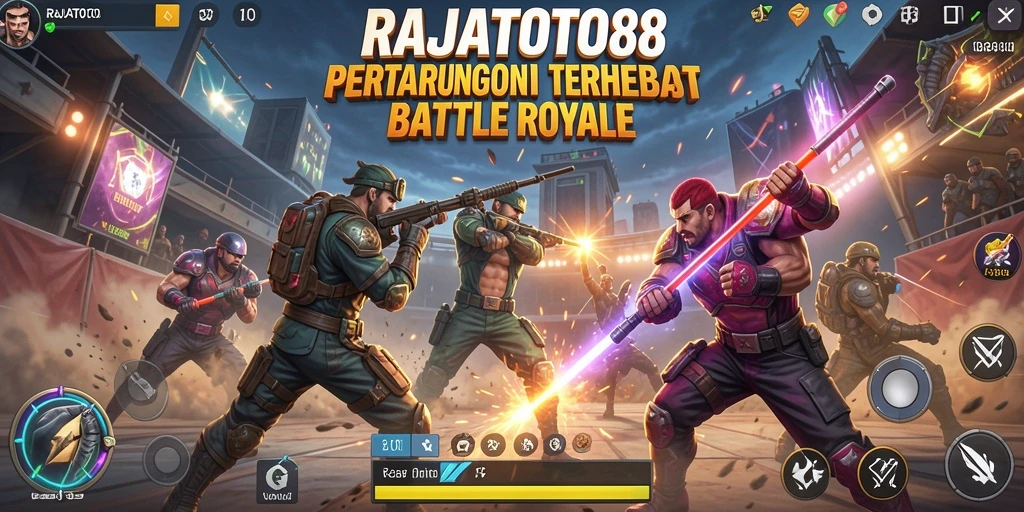 Screenshot gameplay RAJATOTO88 menampilkan aksi seru di medan tempur Battle Royale.
