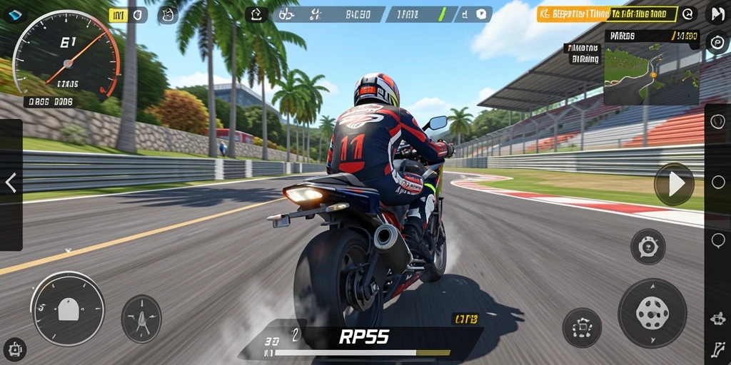 Screenshot menunjukkan gameplay seru di trek balap Motor Racing.