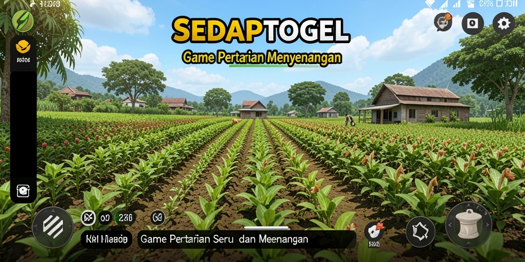 Tampilan utama gameplay SEDAPTOGEL dengan ladang pertanian yang subur.
