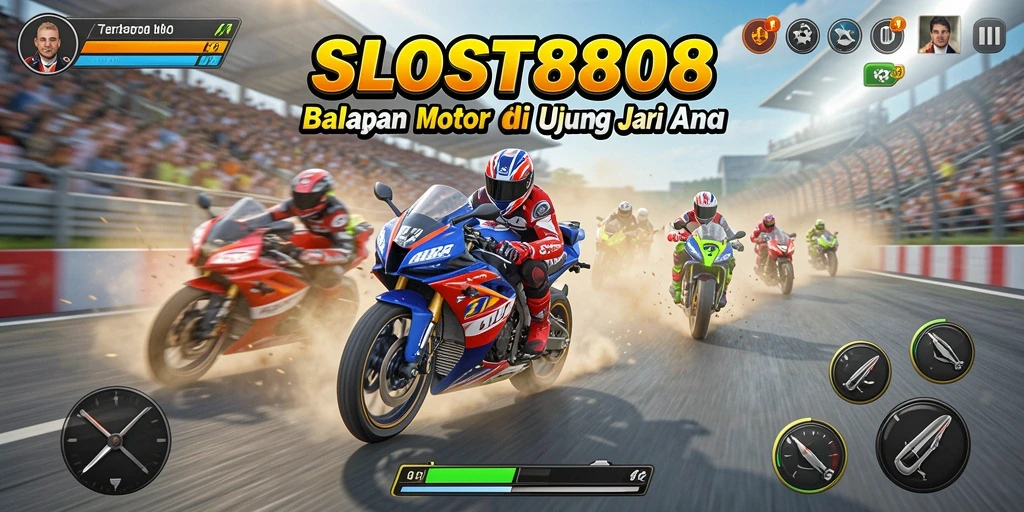 Gameplay SLOST8808 yang mendebarkan dengan berbagai trek balap motor.