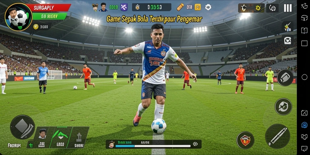 Tampilan gameplay seru dalam SURGAPLY yang menggambarkan aksi sepak bola.